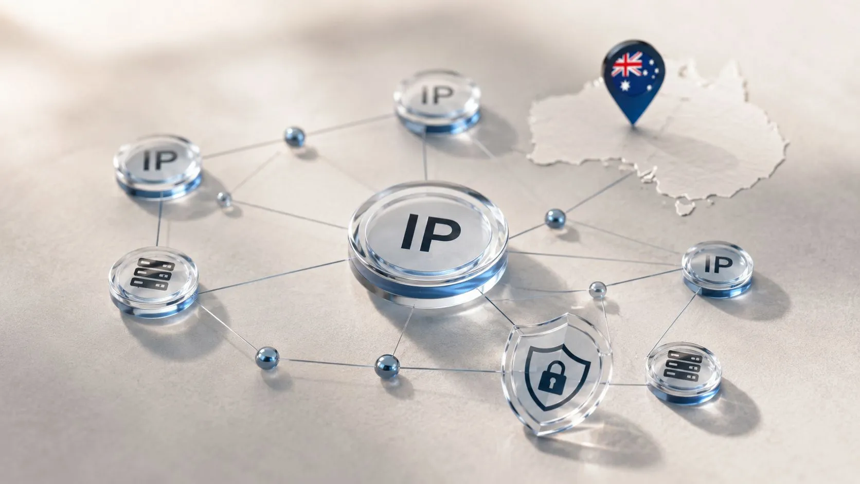 A 3D network graphic showing Australia with connection points, IP addresses, and digital security shield icons.