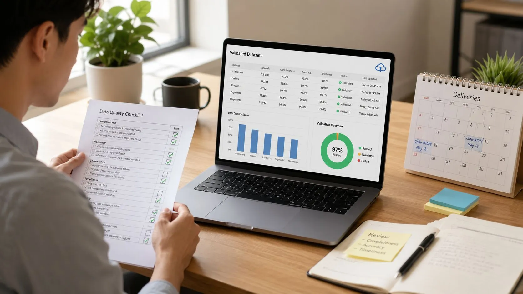 A professional analyzing data quality reports on a laptop while reviewing a printed checklist in a home office.