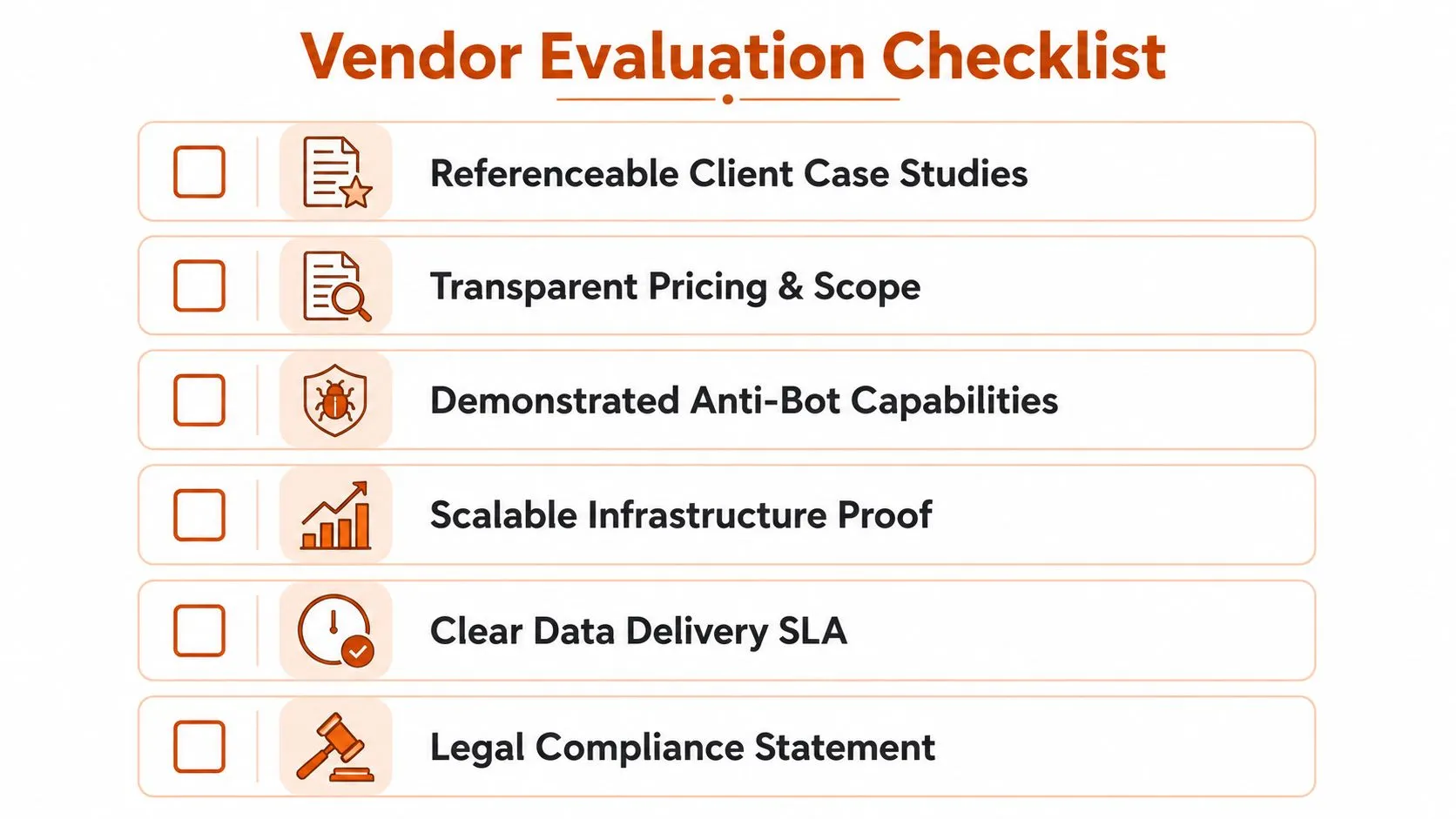 A vendor evaluation checklist for vetting data services, featuring six key criteria for business decision making.