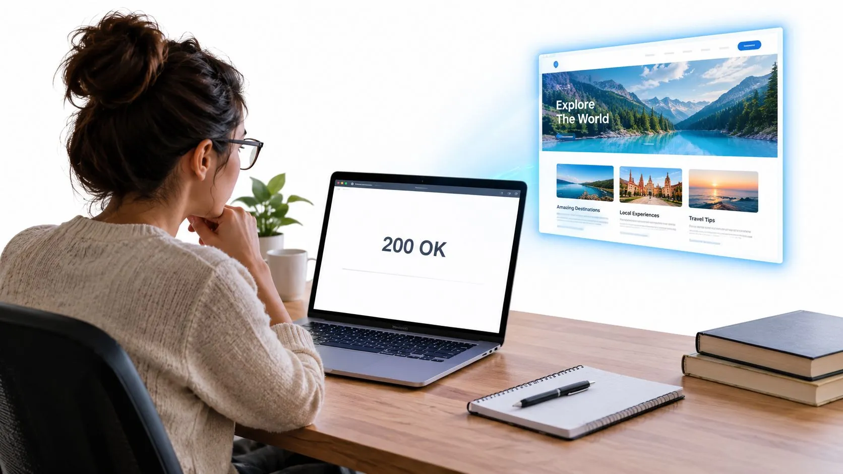 A woman working on a laptop displaying a 200 OK status while a virtual travel website floats nearby.