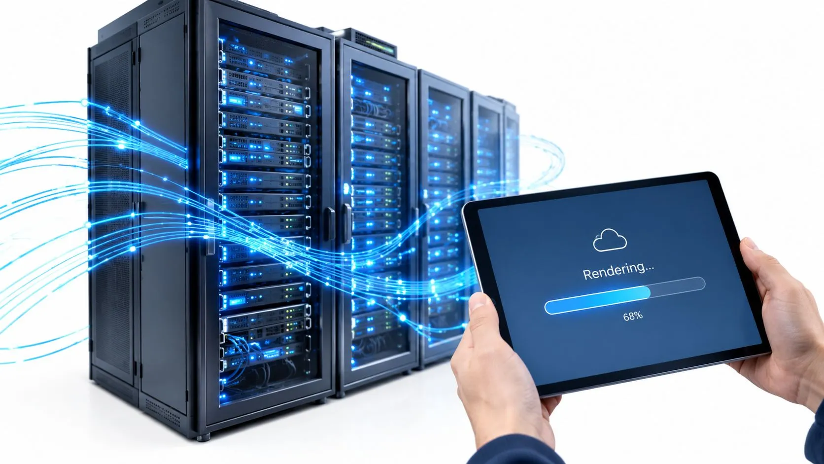 A person holding a tablet displaying a cloud rendering process connected to a large server room rack.