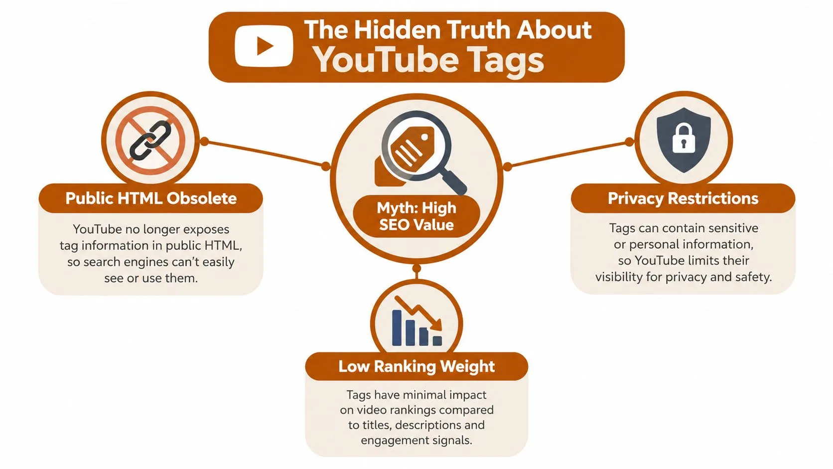 An infographic titled The Hidden Truth About YouTube Tags explaining myths and realities about their SEO impact.