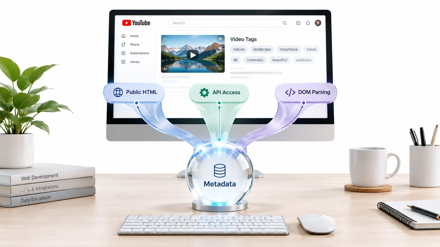 A digital graphic showing data extraction methods like public HTML, API access, and DOM parsing from YouTube videos.