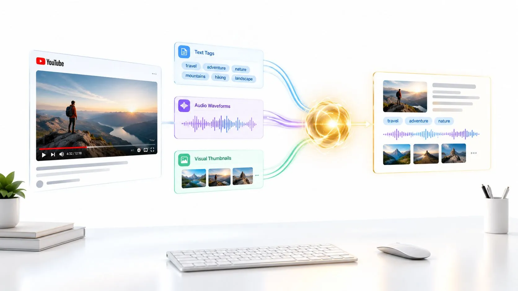 A digital illustration showing a YouTube video being processed through various data points into an AI core.